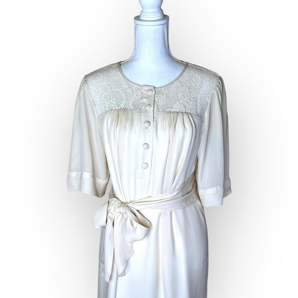 Walter Baker NWT Silk Lace Shirt Dress L Cream 100% Silk Tie Waist Short Sleeve - Picture 2 of 15